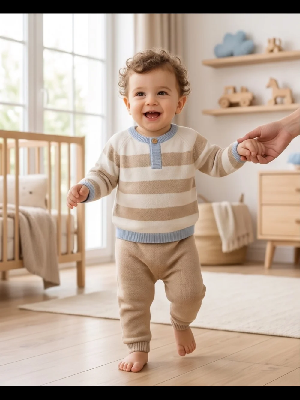 Striped Beige & White Kids Matching Set with Blue Trim
